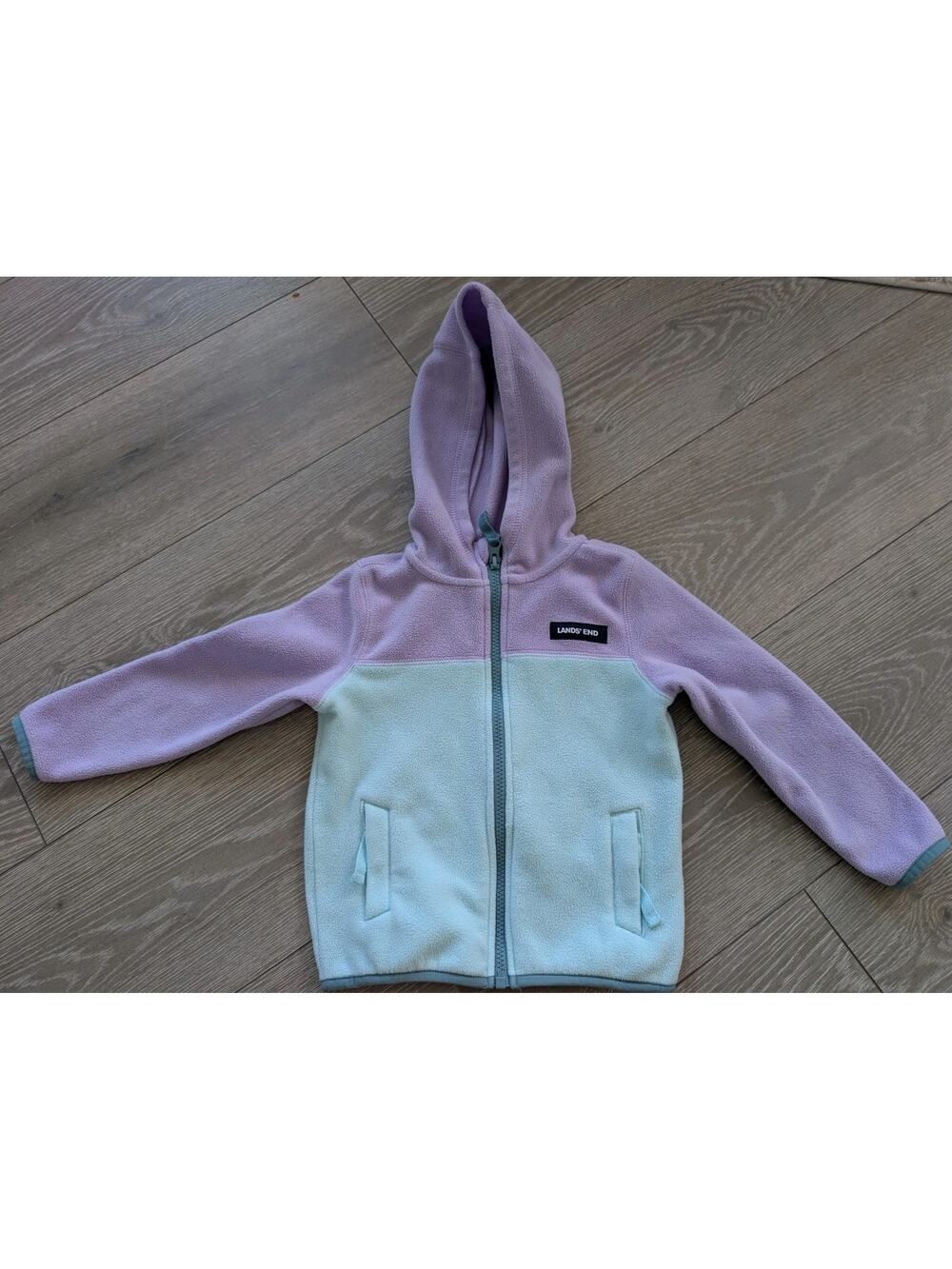 Lands' End Toddler Kids Full Zip Fleece Hooded Jacket Colorblock Mint Purple 3T